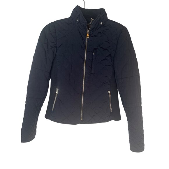 ZARA XS Quilted Navy Jacket Gold Zipper Pockets & Chain Detail - Picture 8 of 13